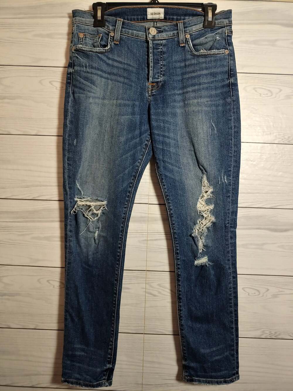 Womens Hudson Riley Button-Fly Crop Relaxed Straight Distressed Medium Wash   26